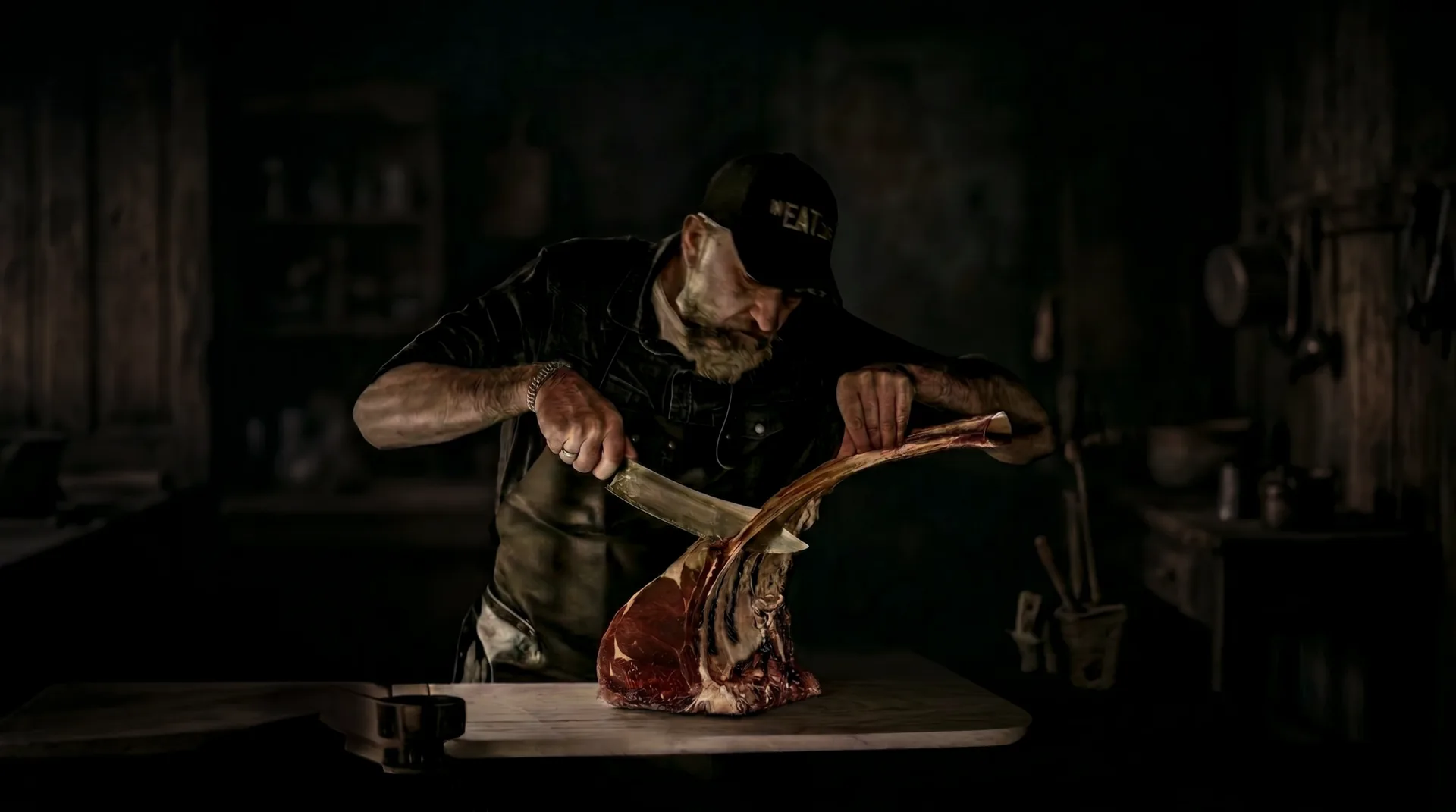 Luc De Laet snijdt een tomahawk steak